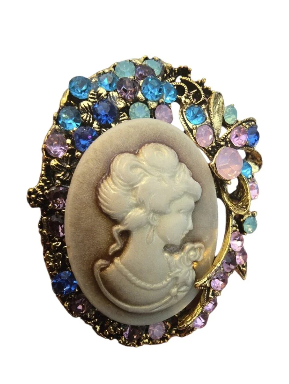 Vintage Style Cameo Brooch with Multicolor Crystal Accents In EUC